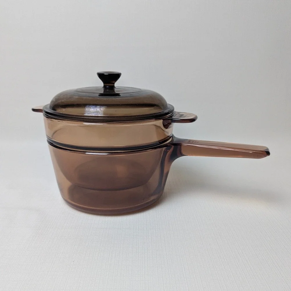 Corning Visions Amber Glass Double Boiler Set 1.5L Saucepan Steamer Lid France